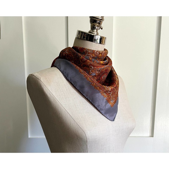 Vintage Handrolled Edge Silk Scarf Orange, Yellow, Gold, Grey - Picture 4 of 7